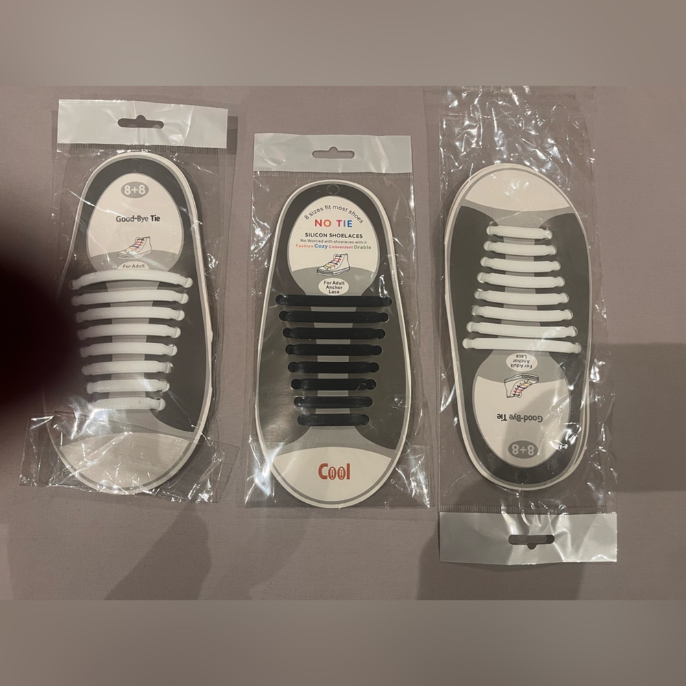 Silicon No Tie Shoe Laces (3 pairs, 1 black, 2 white) NWT